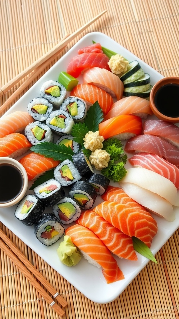 An assorted sushi platter with maki rolls, nigiri, and sashimi, garnished with wasabi and ginger.